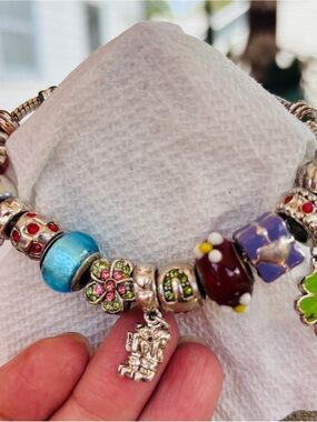 Pandora Multicolor Floral & Blue Murano Charm Bracelet 925 Sterling Silver